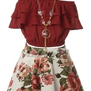 Cold Shoulder Crop Top Ruffle Layered Top Flower Girl Skirt Sets for Girl